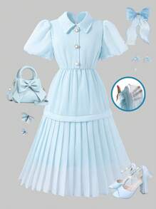 Girls' Solid Color Collar Puff Sleeve Cinched Waist Elegant Dress, Summer - Blue - View 8