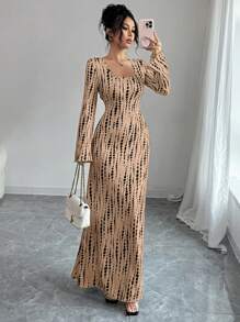 Lyxana Urban Fashion Animal Print Square Neck Flared Long Sleeve Waist Fit Women Long Dress, Autumn/Winter Fall Cloth For Women - Brown - View 6