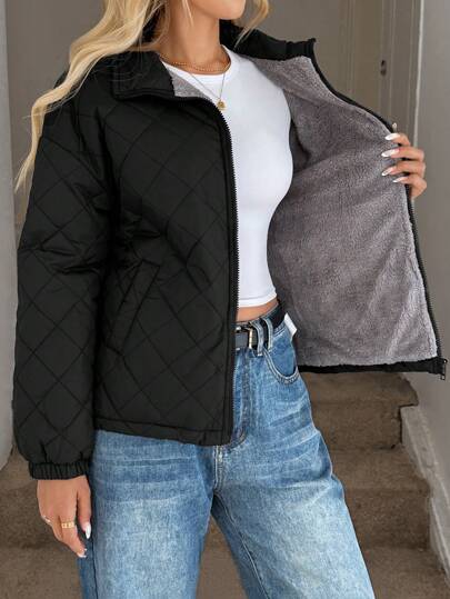 Easowa Abrigo acolchado forrado térmico de color liso casual para mujer, otoño e invierno