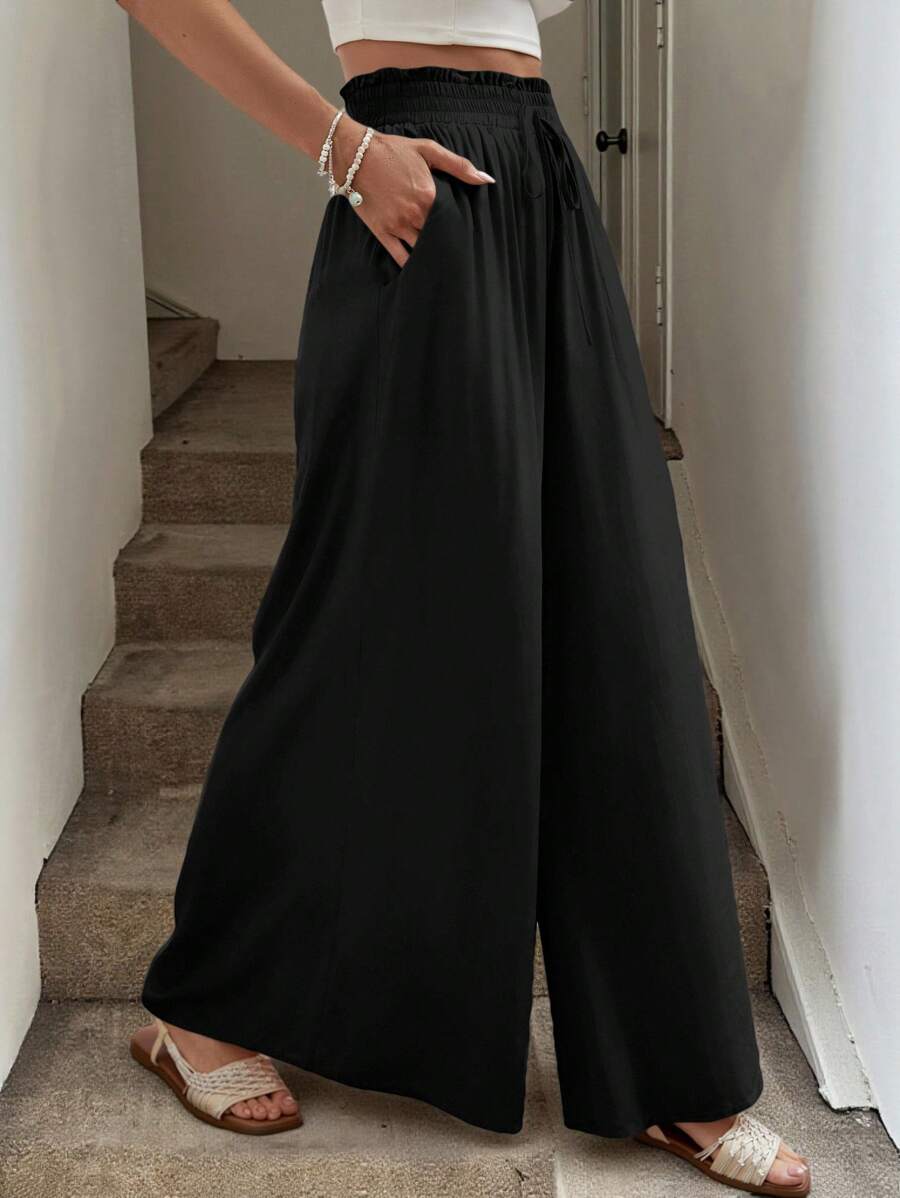 Easowa Paperbag Waist Wide Leg Trousers - Black - View 1