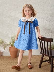 Blossori Young Girls' French Elegant Apricot Collar Embroidered Puff Sleeve Dress, Spring/Summer - Blue - View 6