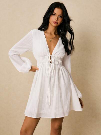 Poéselle 女式纯色深V领扭纹长袖休闲迷你连衣裙