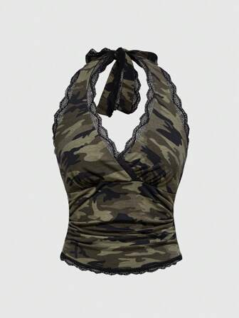 Grunge Punk Débardeur à col ras-du-cou sexy pour femmes avec imprimé camouflage en dentelle Y2K