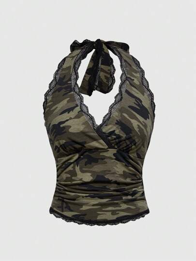 Grunge Punk Y2K Lace Camouflage Print Sexy Women's Halter Neck Camisole