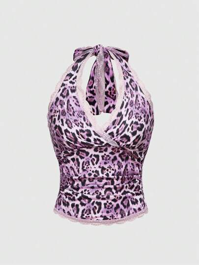 Grunge Punk Camiseta sin espalda sexy con encaje y estampado de leopardo para mujer, estilo Y2K