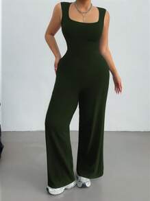 POPSWAY MOOSTA Plus Size Spring/Summer Women's Solid Color Elegant Loose Casual Off The Shoulder Sleeveless Sports Academy Simple Casual Square Neck Wide Leg Jumpsuit - Green - View 4