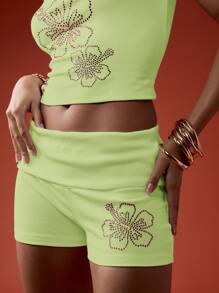 MISSGUIDED Ribbed Crystal Embellished Floral Summer Festival Tank Top Shorts Set Party Clubwear Rhinestone Bling Y2K Booty Shorts - Lime Green - View 3