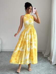 Modelyn Váy chữ A không tay in họa tiết nhuộm loang cho nữ - Màu vàng - Xem 6