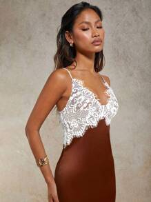 COSMINA Vestido de tirantes finos elegante con pespunte de encaje para mujer, de verano - Marrón - Ver 3