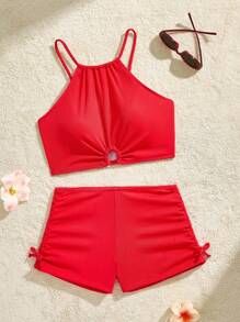 Teenage Girl Sweet Solid Color Blue Tankini Set With Boyshort Bottom Red Two Piece Swimsuit Teen Red Teen Bathing Suits Two Piece Red Two Piece Swimsuit Two Piece Bathing Suit Two Piece Swimsuit Set High Waisted Swim Shorts Set Red Two Piece Bathing Suit Red Two Piece Swimsuit Tween High Waist Swimsuit Set Red Swimsuit Set