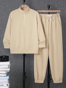 SHEIN 青少年男童休闲街头纯色百搭舒适纯色拉链立领连帽衫和运动裤套装，适合通勤、上学、休闲、度假、运动、派对、秋冬 - 杏色 - 查看 7
