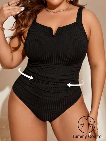 Shapewave Summer Beach Plus Notched Neck Tummy Control One Piece Swimsuit