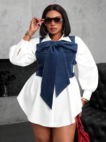 SHEIN SXY Áo denim không tay cỡ lớn dành cho nữ, có thể mặc theo hai kiểu, điểm nhấn là nơ trang trí, thích hợp cho mùa thu, các lễ hội, câu lạc bộ cao bồi hoặc các sự kiện gợi cảm. - Rửa tối - Xem 3