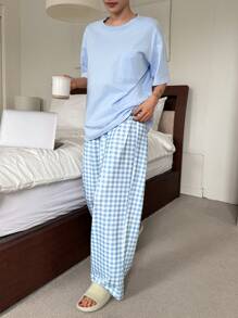 DAZY Minimalist Round Neck T-Shirt Top And Plaid Pants Home Wear Pajamas Set, Back To School Clothes - Baby Blue - View 6