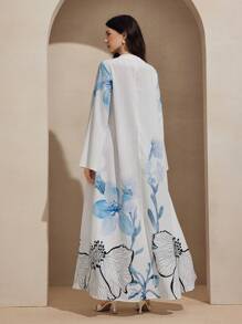 Graceveil Arabic Style Flared Skirt Sleeve Placement Printed Dress, Spring/Summer Modest Dress Women - Blue - View 3