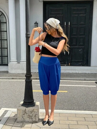 Pariaura 女士纯色高腰褶皱休闲七分裤，适合夏季大学生穿着