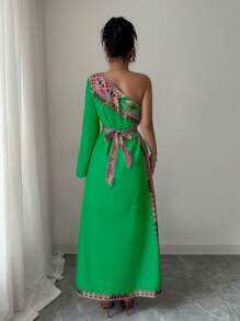 Elenzga 不对称领口印花优雅夏装 - 綠色 - 查看 2