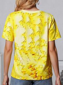 SHEIN LUNE 修身女士休闲短袖 T 恤，向日葵和蜜蜂印花，圆领 T 恤，春夏舒适上衣，女士 - 彩色 - 查看 2