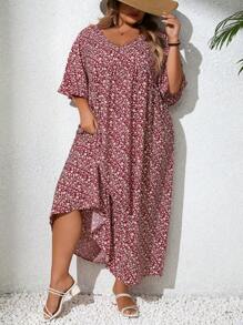 SHEIN CURVE+ Vestido holgado de mujer talla grande con estampado floral pequeño, escote en V y mangas cortas tipo babydoll,vestido árabe, ropa árabe, vestimenta bohemia para vacaciones de verano / país / playa, atuendos de playa, ropa de playa