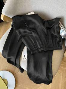 Franclia 女士醋酸纤维纹理宽松舒适休闲阔腿裤 - 黑色 - 查看 2