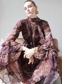 Aveloria Modichic Váy Boho Elegant Holiday tay bèo nhún viền quá khổ có dây thắt lưng - Nhiều màu - Xem 1