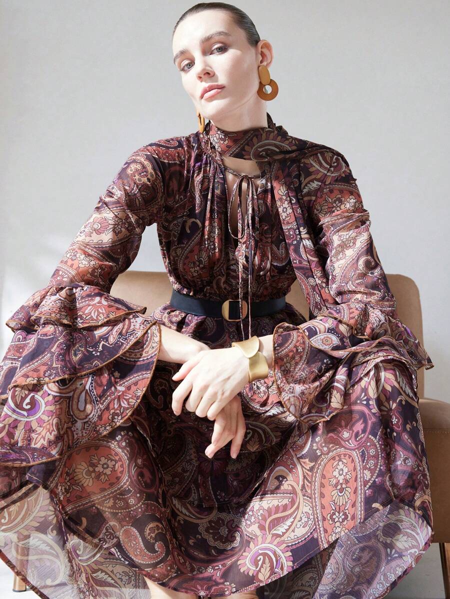 Aveloria Modichic Váy Boho Elegant Holiday tay bèo nhún viền quá khổ có dây thắt lưng - Nhiều màu - Xem 1