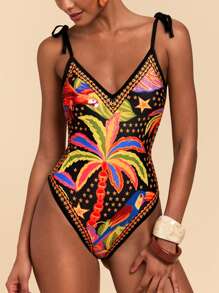 Travachic 1 件女士热带印花细肩带连体泳衣，适合海滩度假 - 彩色 - 查看 3