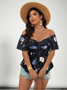 SHEIN VCAY Artı Omuz Açık Bağcıklı Ön Tişört - Siyah - Görünüm 3