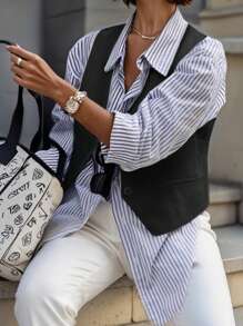 INAWLY 女式春夏纯色单排扣 V 领背心夹克 - 黑色 - 查看 2