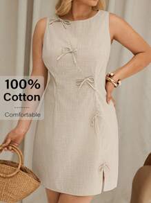 Auralis Plus-Size Women's Dress, 2025 New Release: Bohemian Office Casual Siren Mini Dress - Linen-Cotton Blend Beige Sleeveless Dress With Bowknot Detailing, A-Line Summer Work To Weekend Outfits,Vacay Outfit,Teacher Outfits For Women Valentine's Day Outfit