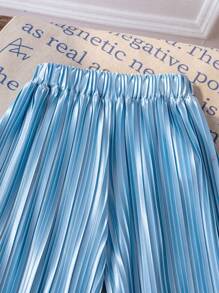 2件套少女图案钩针蕾丝花朵流苏背心上衣和冰丝褶皱阔腿裤夏季服装，度假，休闲，可爱 - 藍色 - 查看 8