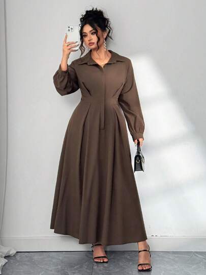 Elenzga Elegant Commuter Solid Color Lantern Sleeve Dress, Ankle Length Plus Size Women Apparel For Autumn Fall Cloth For Women