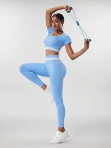 SHEIN Sports 女士拼色短袖长裤无缝运动套装 - 藍色 - 查看 7