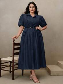 Anewsta Lace Patchwork Puff Sleeve Shirt Collar Elegant Maxi Dress For Women - Navy Blue - View 5