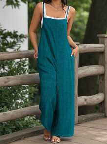 EMERY ROSE 大码牛仔效果纹理方领休闲连体裤，适合室内和室外