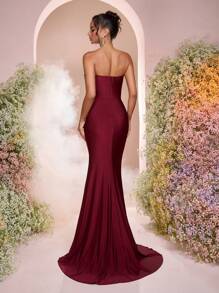 Glamrae Elegante, lujoso y sexy vestido largo de gasa con parche de encaje elástico, drapeado, de estilo sirena, adecuado para boda, fiesta, discoteca, vacaciones, vestido de gala (de gran resistencia) - Burdeos - Ver 3