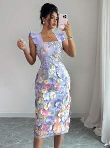 Rafferiza Women's Elegant Fashion Party Banquet Ribbon Strap Embroidery 3D Flower Cinched Waist A-Line Midi Lace Dress, Spring/Summer Flower Dress Woman Embroidered Floral Dress - Multicolor - View 6