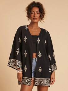 Travachic Elegante blusa larga bohemia negra con detalles estampados y diseño de nudo, kimono cárdigan bohemio, adecuado para vacaciones, té de la tarde, temporada de bodas, crucero por la playa, viaje por la ciudad, vacaciones bohemias, festival de música, ropa de playa, Pascua, playa para mujer, elegante para mujer, vacaciones para mujer, concierto para mujer, vacaciones tropicales para mujer, vacaciones, bohemio, para primavera, verano y otoño - Negro - Ver 5