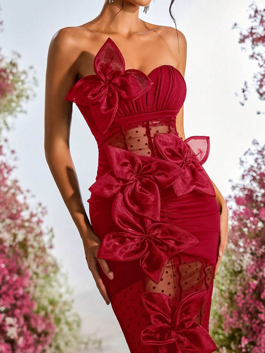 Glamrae 优雅的黑色和红色手工 3D 花卉 V 领无袖褶饰长款正式晚礼服 - 酒紅色 - 查看 1