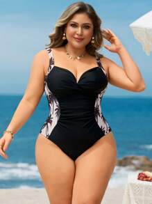 Swim Lushoire Plus Size One Piece Swimsuit With Floral Print And Spaghetti Strap For Summer Beach Vacation - Multicolor - View 3