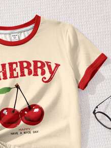SHEIN 2pcs/Set Cherry Print Casual T-Shirt & Shorts For Tween Girls, Vintage Style, Suitable For Summer