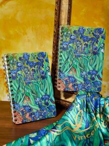 SHEIN Touch of Art 1 buah buku catatan ukuran A5, 160 halaman, dilengkapi 60 lembar catatan tempel, halaman bergaris, motif bunga iris Vincent Van Gogh, artistik & elegan. - MultiWarna - View 2