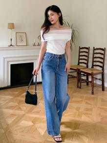 DAZY Women Off Shoulder Short Sleeve Fitted Patchwork Exposed Shoulder T-Shirt - White - View 4