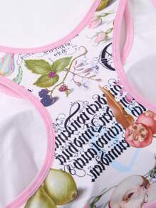SHEIN Touch of Art Ensemble soutien-gorge et culotte grande taille avec imprimé lettres et fruits et garniture contrastée