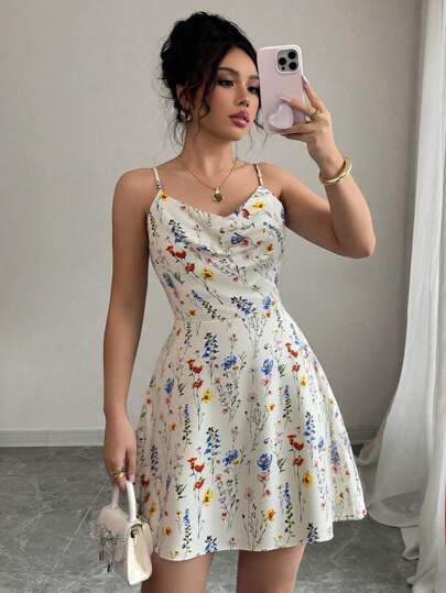 Breezaya 女士细肩带水彩花卉迷你连衣裙，夏季