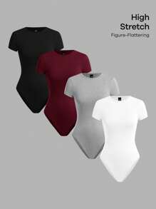 SHEIN BASICS 4件套休闲纯色针织圆领短袖修身女式紧身衣 - 彩色 - 查看 8