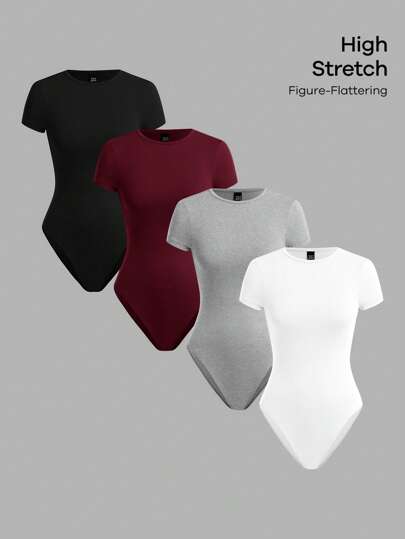 SHEIN BASICS 4 قطع/طقم لبس نسائي متماسك محبوك بأكمام قصيرة بلون عادي ذو تصميم مناسب للجسد
