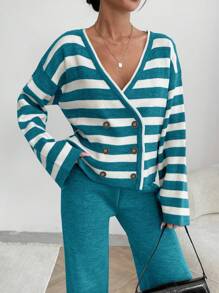 EURMUSE Women Stripe Pattern Front Button V-Neck Drop Shoulder Cardigan & Sweater Pants Set - Green - View 4