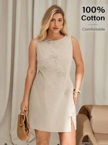 Auralis Plus-Size Women's Dress, 2025 New Release: Bohemian Office Casual Siren Mini Dress - Linen-Cotton Blend Beige Sleeveless Dress With Bowknot Detailing, A-Line Summer Work To Weekend Outfits,Vacay Outfit,Teacher Outfits For Women Valentine's Day Outfit