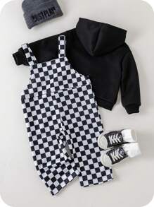 SHEIN 2 件套婴儿男孩/女孩休闲运动风格宽松超大熊图案针织连帽衫和罗纹袖口针织裤套装，适合秋冬季穿着，室内和室外 - 黑色 - 查看 2